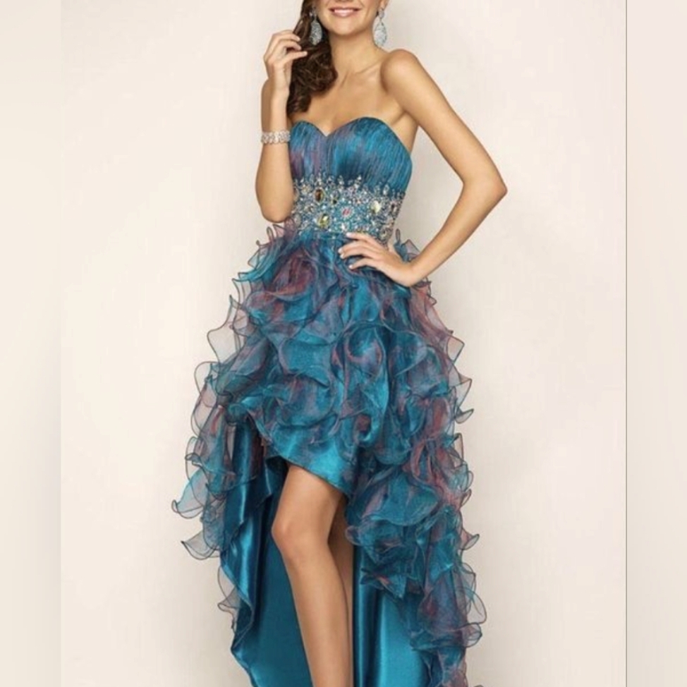 Poly Usa Sz Medium Jrs High Low Fancy Dress Ruffles Sweetheart Neckline Teal +